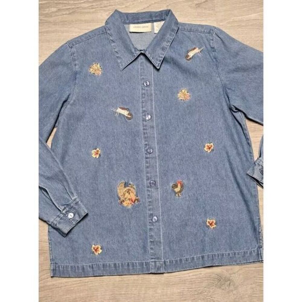 Lemon Grass Fall Embroidery Blue Denim Long Sleeve Button Up Size‎ PM